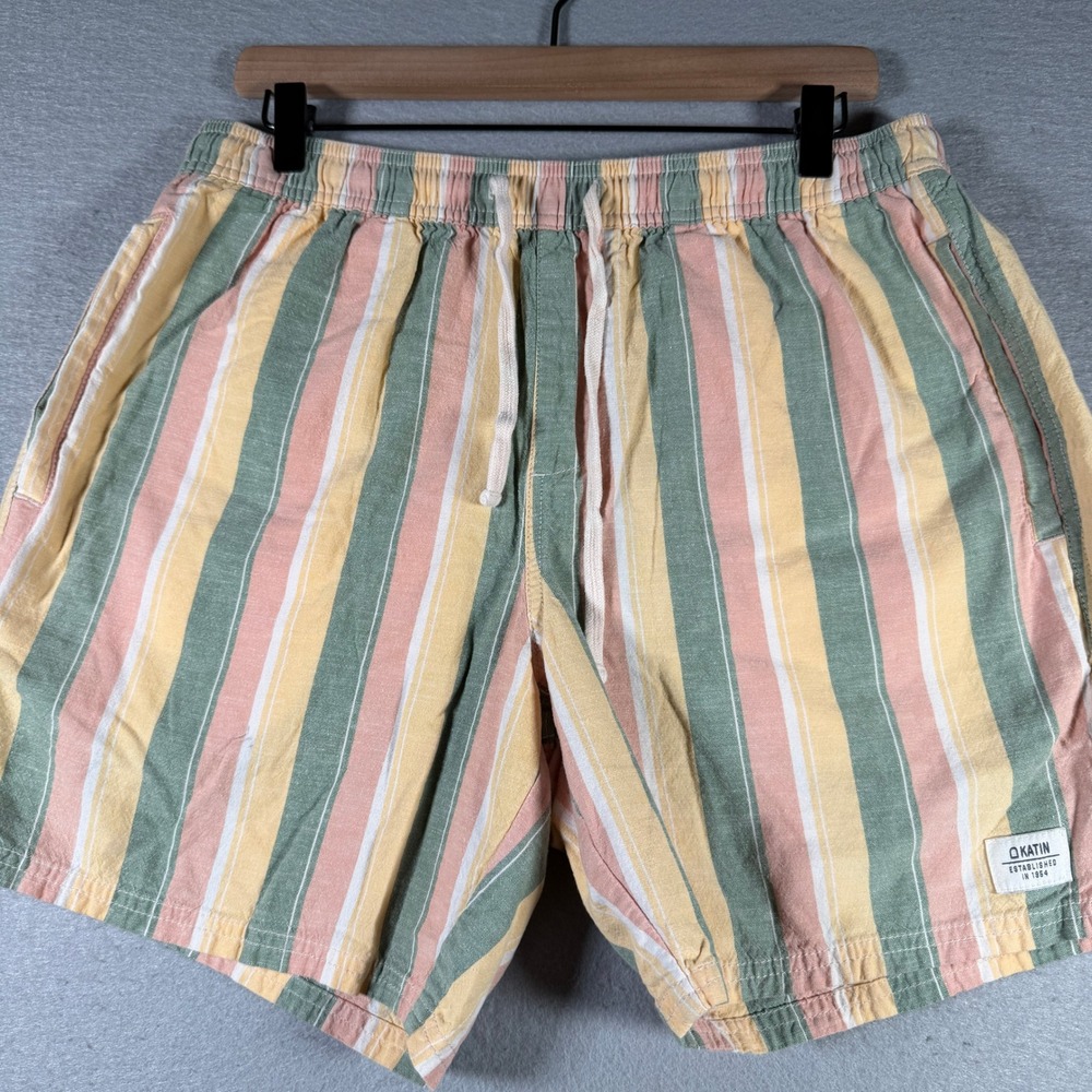 Katin Mens Striped Cotton Linen Surf Shorts Green Salmon Yellow Size LG 32x6